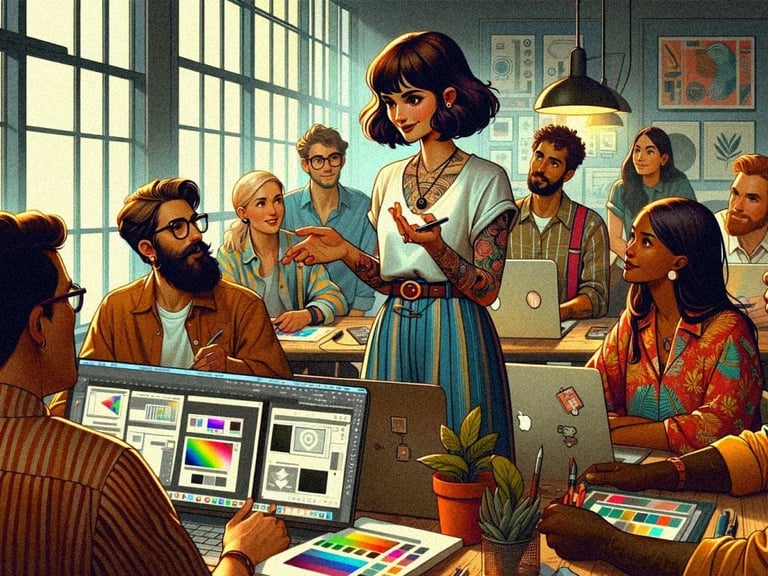 Diverse creative team collaborating in a modern office with computers, design tools, and a woman leading a discussion about a project
