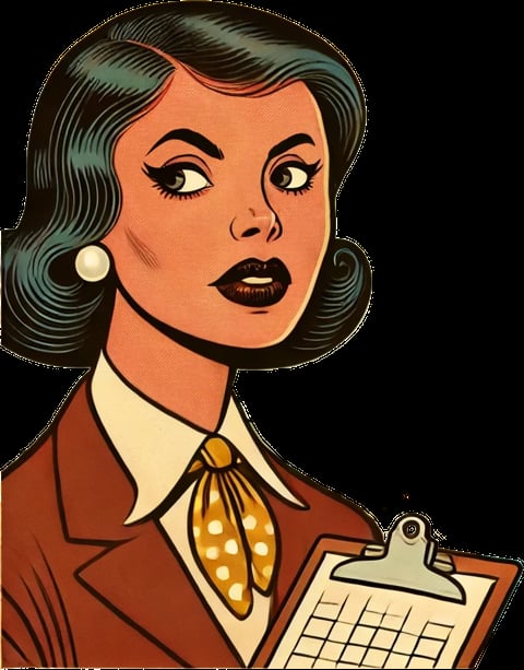 Vintage-style illustration of a woman with dark wavy hair, red lips, wearing a rust blazer and polka-dot scarf, holding a clipboard
