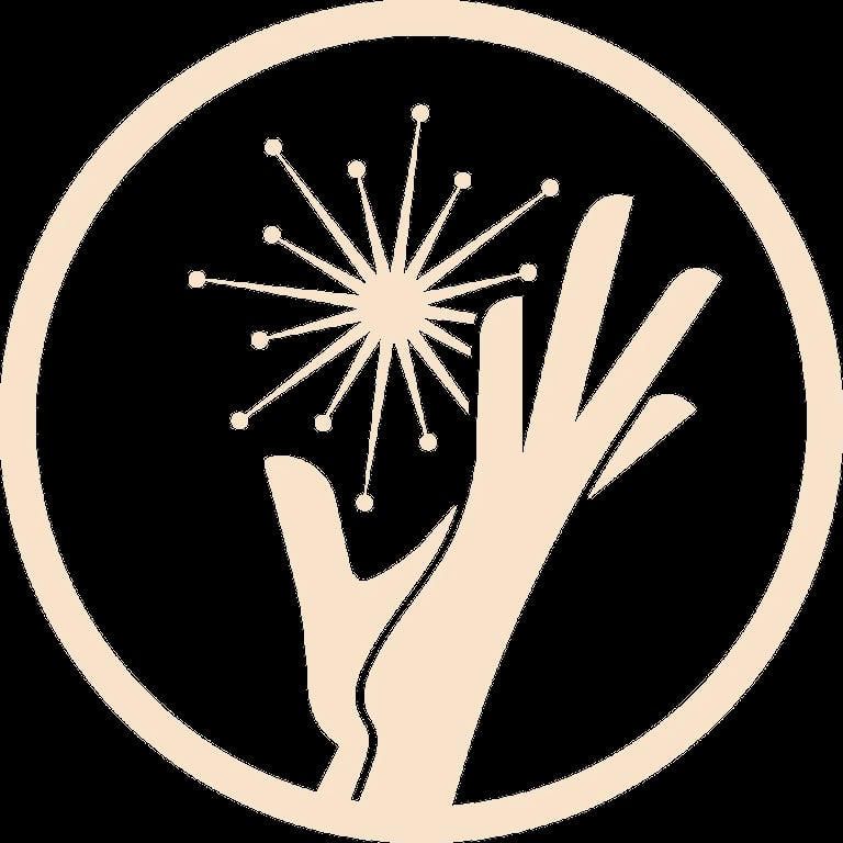 Silhouette of a hand holding a sparkle or firework burst against a circular cream-colored background on black