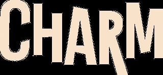The word CHARM in large beige capital letters on a black background